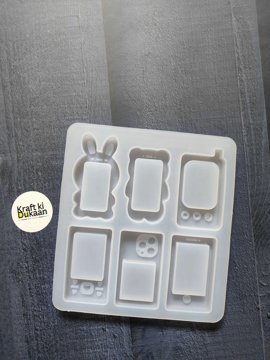 6-cavity mobile phone mould tray with six handset case cavities, white silicone