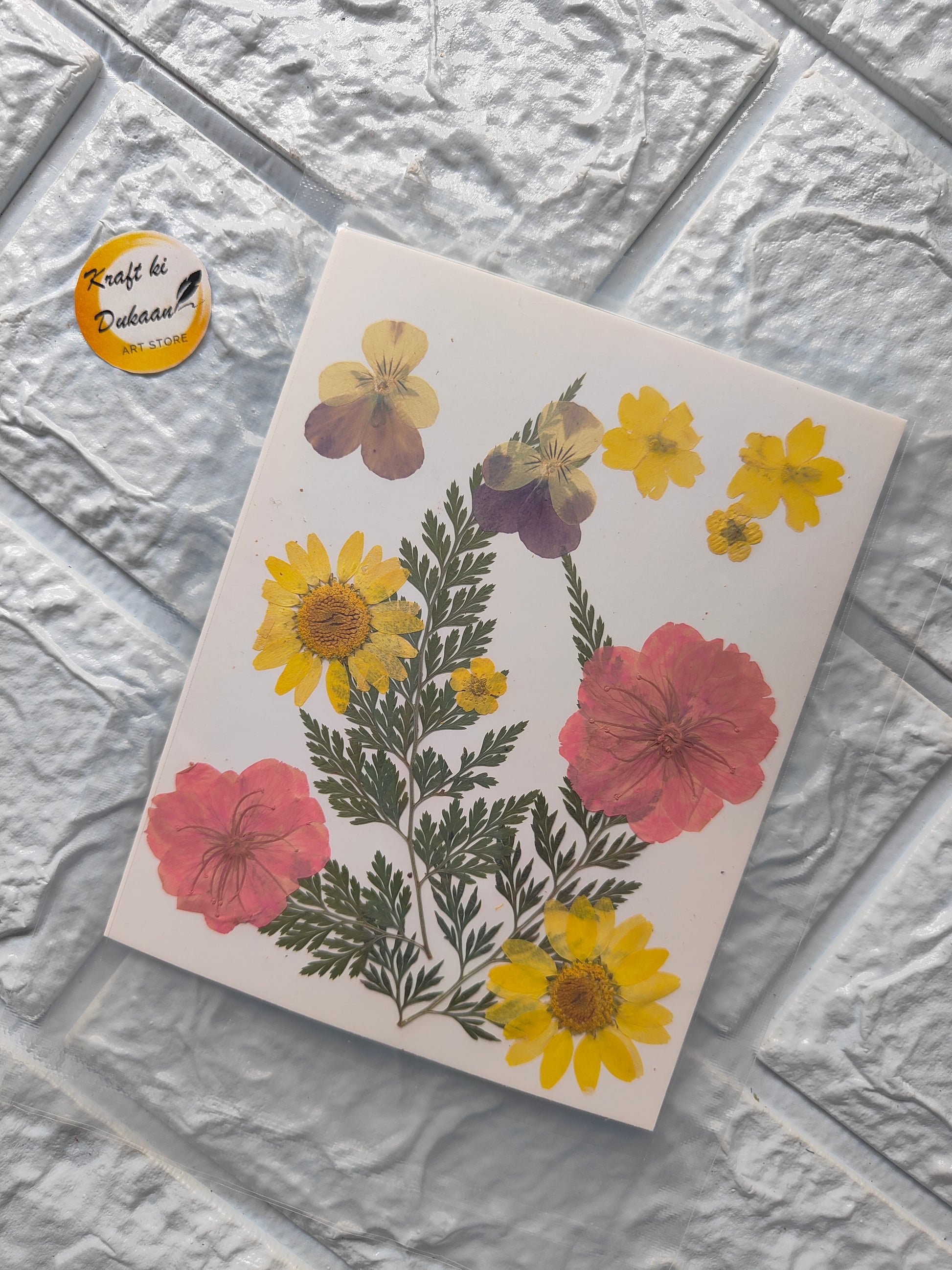 A9 pressed flower sheet featuring vibrant purple, yellow, and pink flowers for crafting