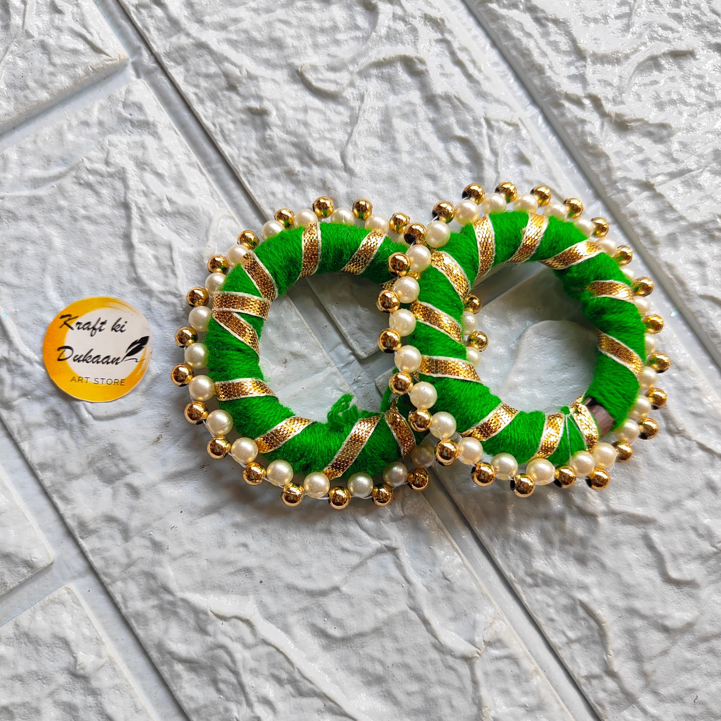2 Inch Colorful Gota Ring with Green Fabric and Pearl Accents for Traditional Decor