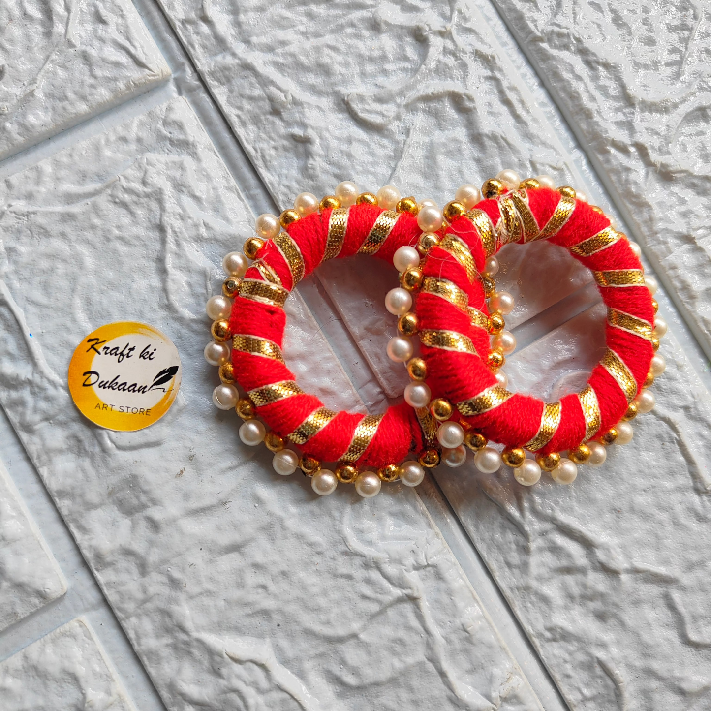 Set of two 2 Inch Colorful Gota Rings in red with golden accents and pearl embellishments