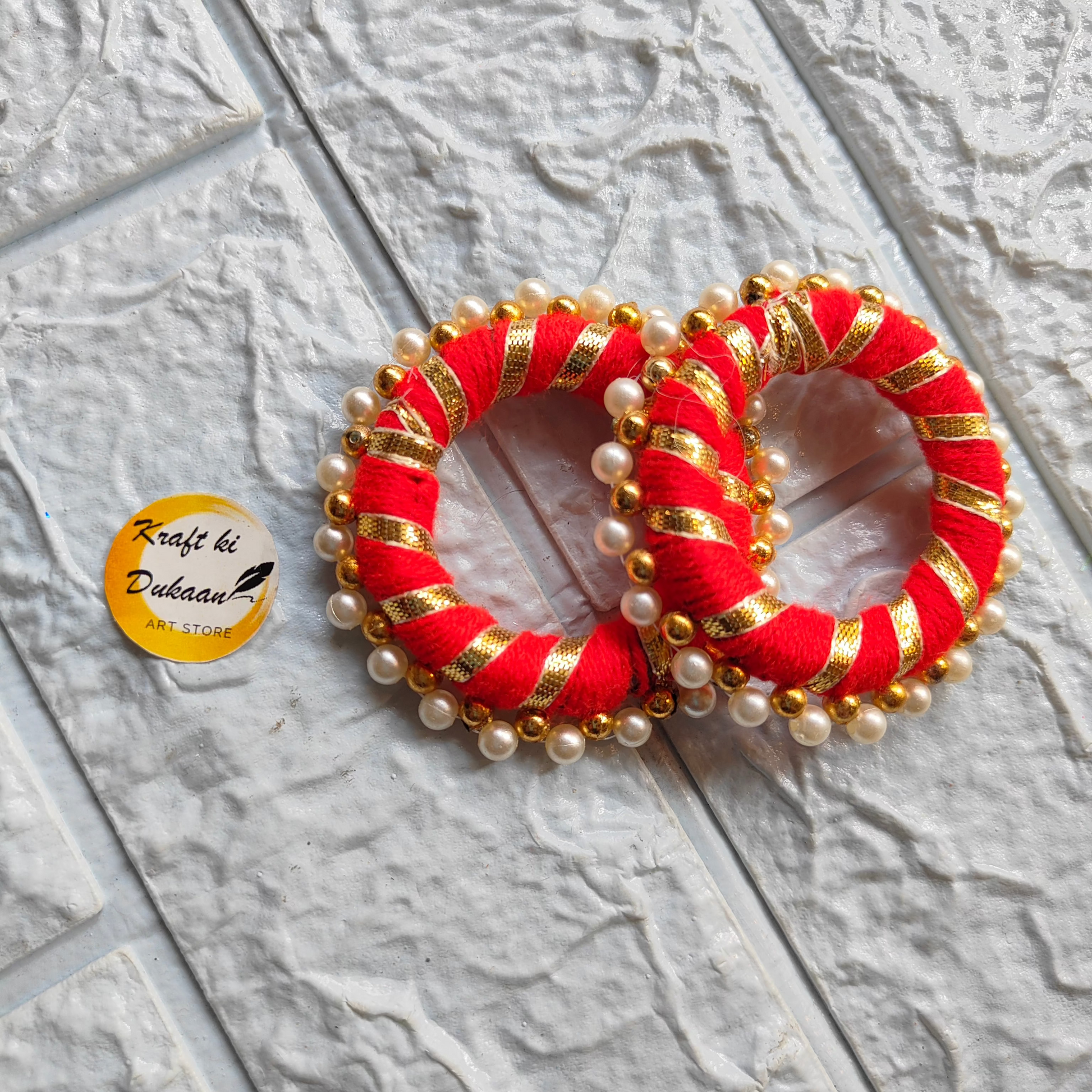 Set of two 2 Inch Colorful Gota Rings in red with golden accents and pearl embellishments