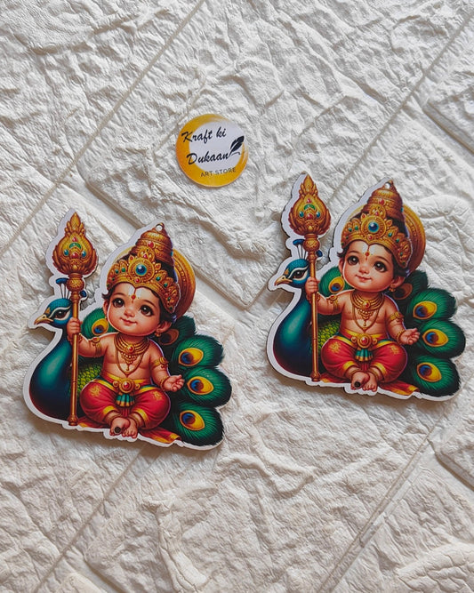 3 inch MDF art supplies featuring colorful cartoon designs of a child deity with peacock feathers from Kraft ki Dukaan