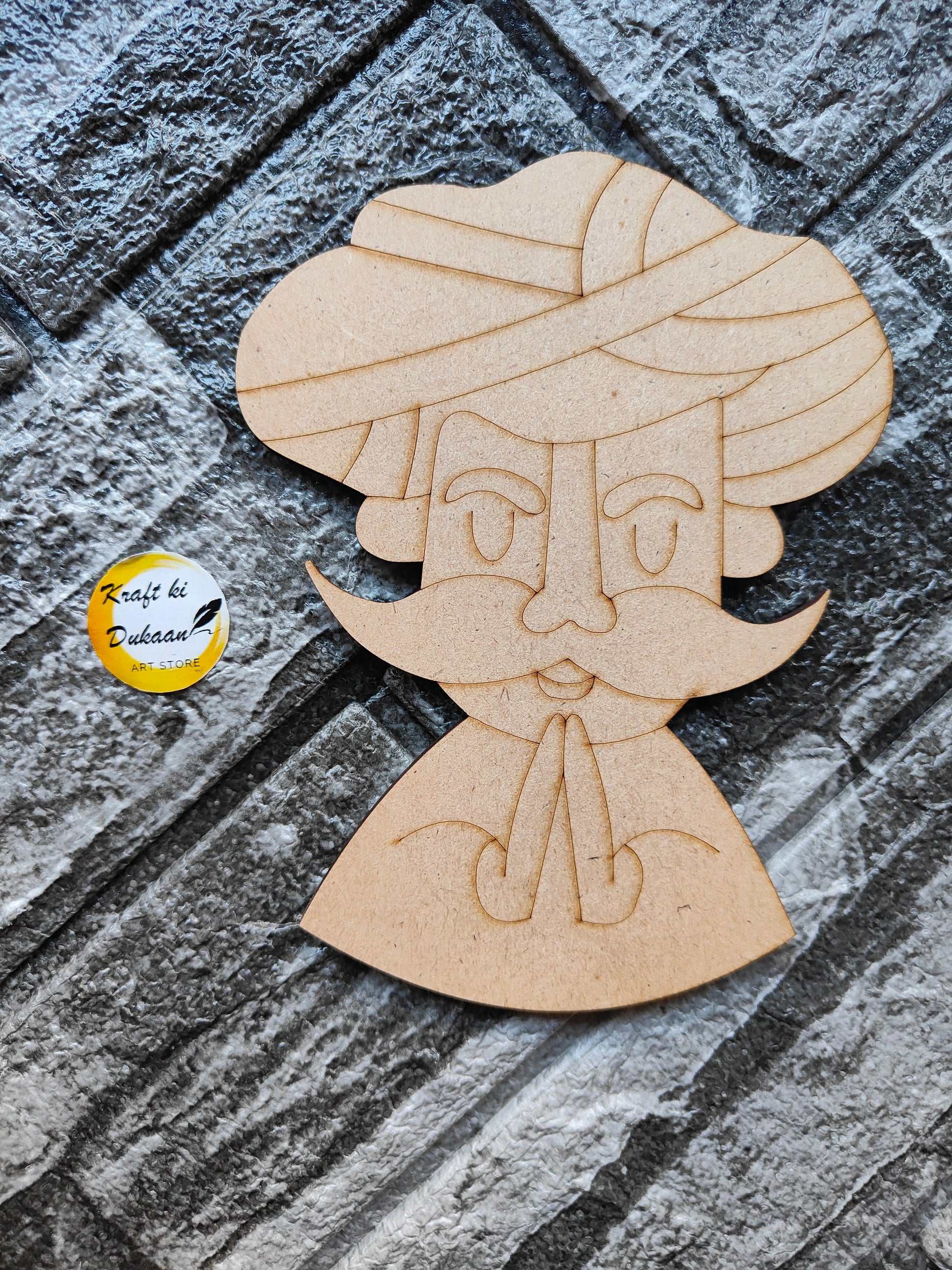 6 inch MDF cutout of a man with a turban and mustache in a praying pose by Kraft ki Dukaan