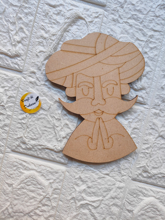 6 inch MDF cutout of a man with a turban and mustache in a namaste pose by Kraft ki Dukaan