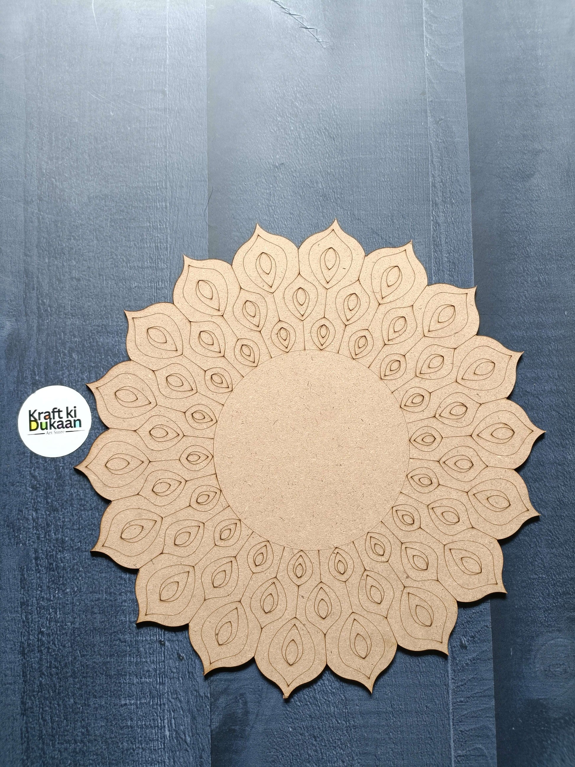 Engraved MDF A3 round board with radial leaf motifs and central blank circle
