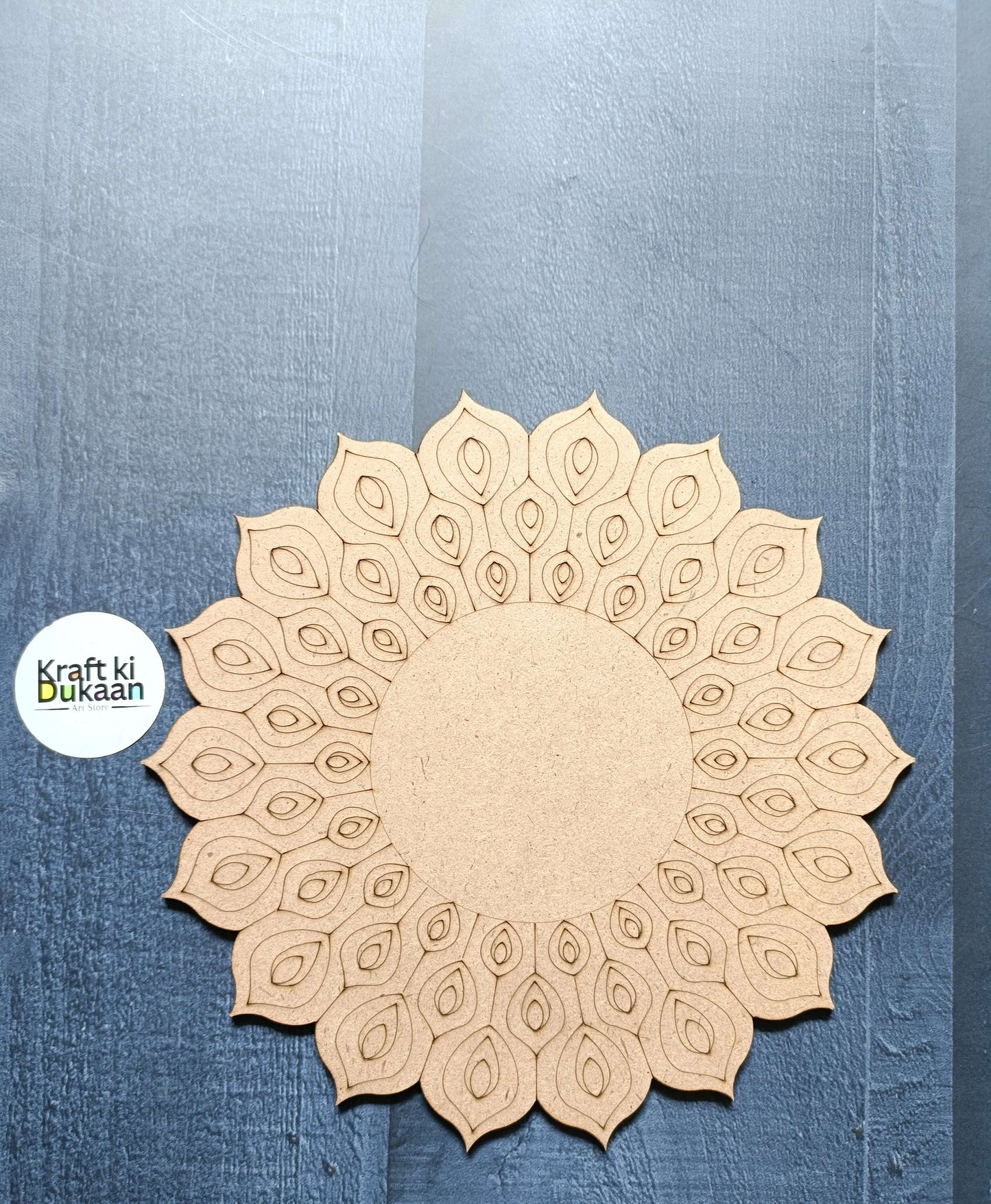 Engraved MDF A3 circular wall decor with radial leaf/eye cutout pattern, light wood