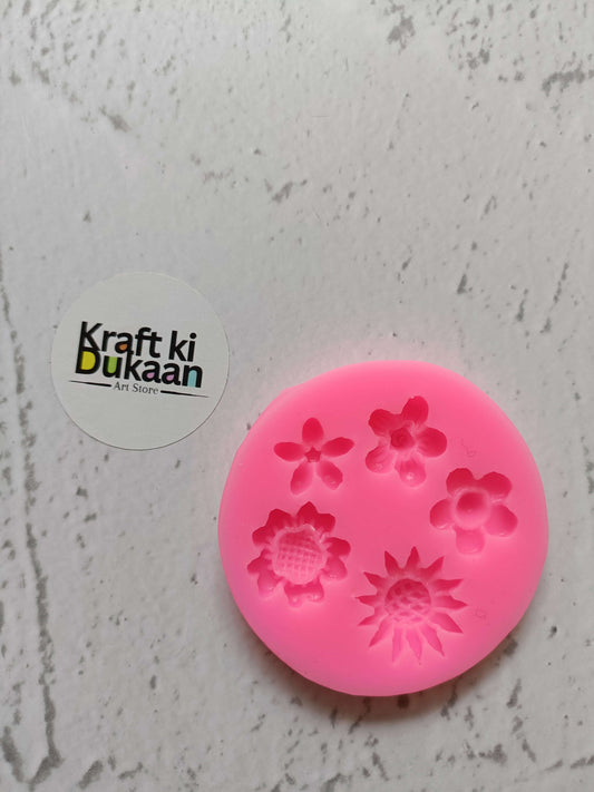Pink flower silicone mold with 5 cavities, round mold plate