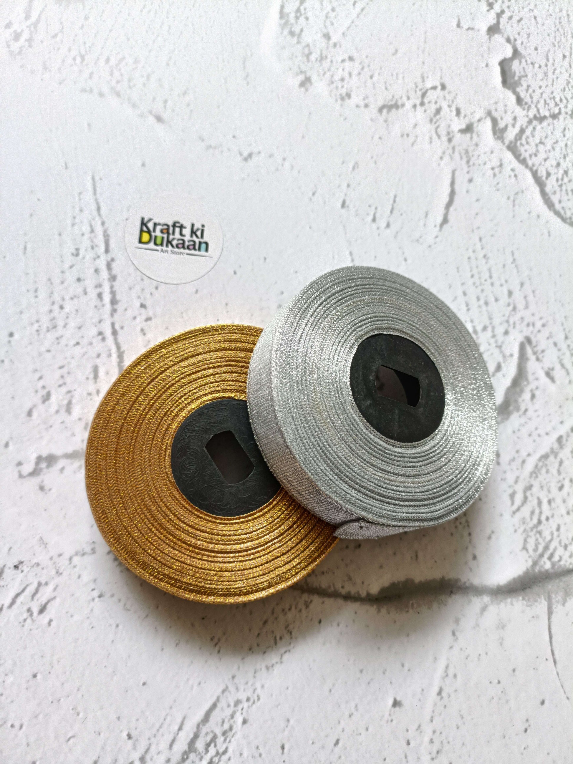 Tissue Ribbon Roll set: golden and silver glitter ribbon on a spool