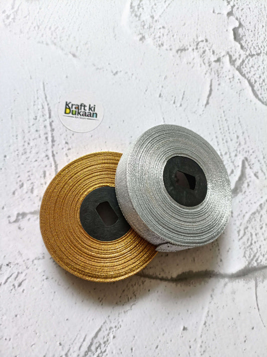 Tissue Ribbon Roll set: golden and silver glitter ribbon on a spool