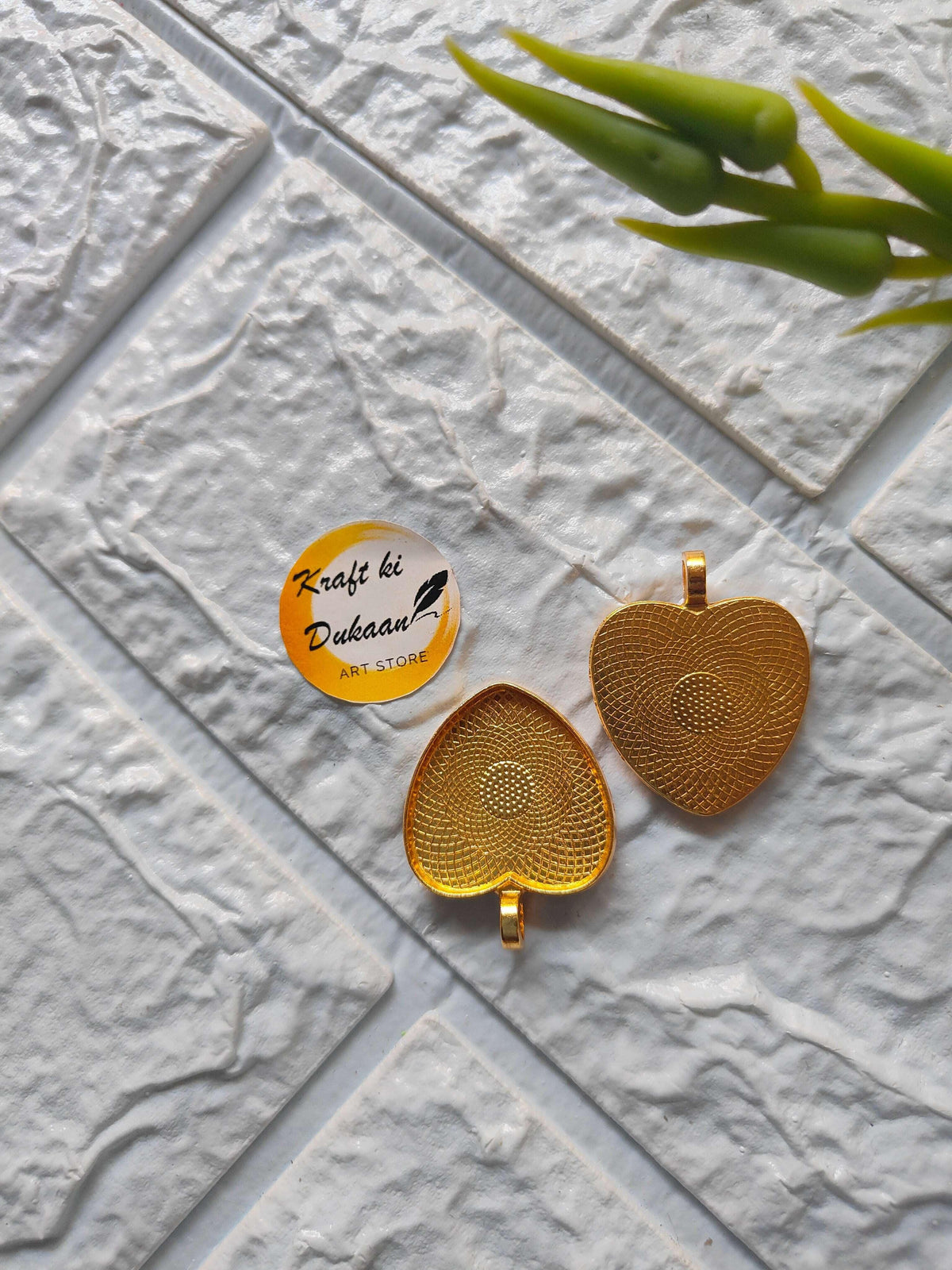 Bezel pendant tray base set—gold heart and oval bezels with hanging loops