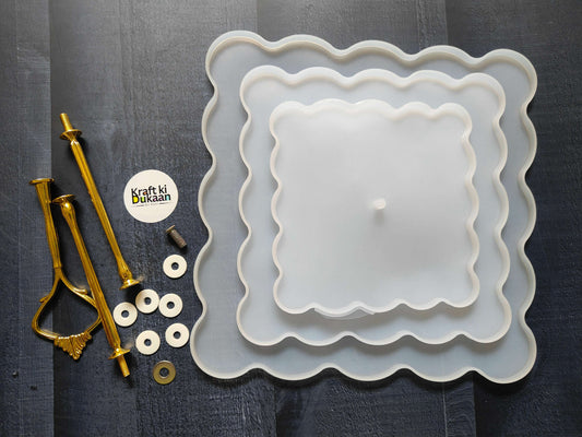 3-tier cake stand mould, scalloped square insert set, white