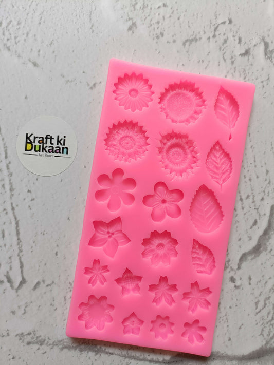 20 cavity pink flower silicone mould with assorted floral medallion shapes