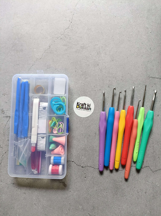 52-piece knitting crochet hook needle kit in clear case with colorful hooks and gauges