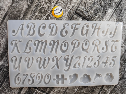 Kraft ki Dukaan cursive alphabet mold for resin with uppercase letters and numbers 0 to 9 in white silicone