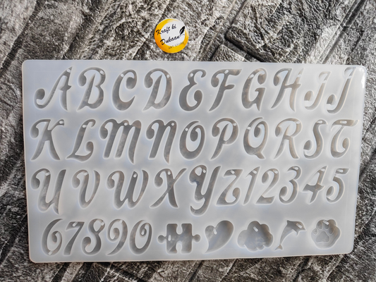 Kraft ki Dukaan cursive alphabet mold for resin with uppercase letters and numbers 0 to 9 in white silicone