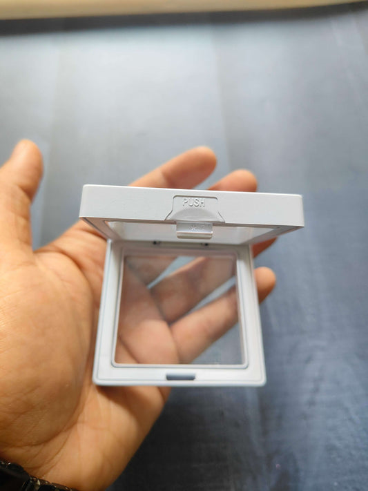 Display Box 7x7cm with clear window and hinged lid, shown open
