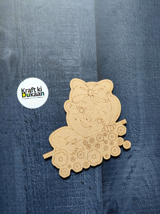 MDF Cutout Engraved A6, beige cartoon girl holding flowers, bow and detailed outline