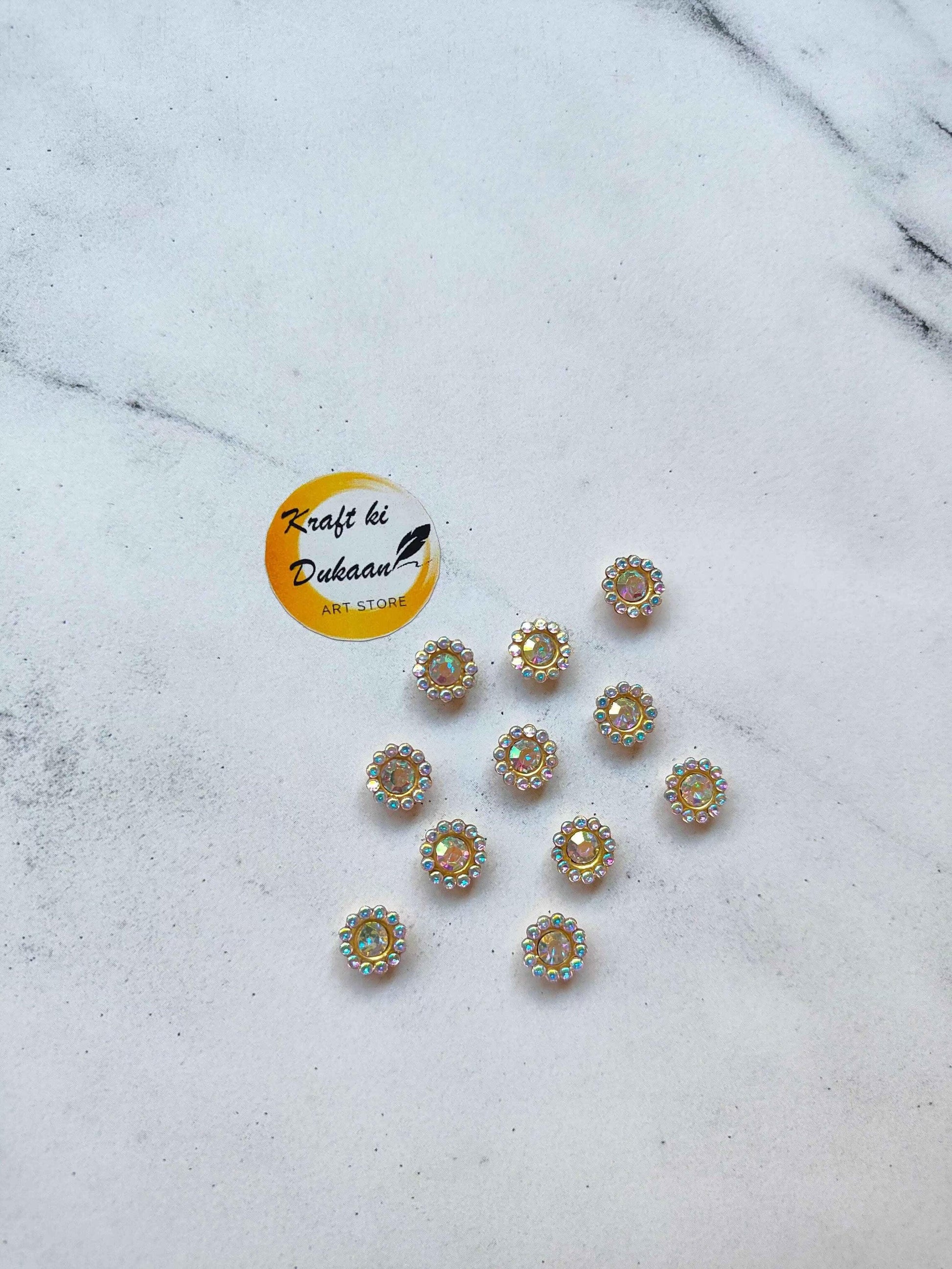 Flower-shaped sew-on kundan bead buttons with rainbow stones
