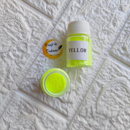 Yellow glow mica powder for resin in a jar by Kraft ki Dukaan for vibrant crafting projects