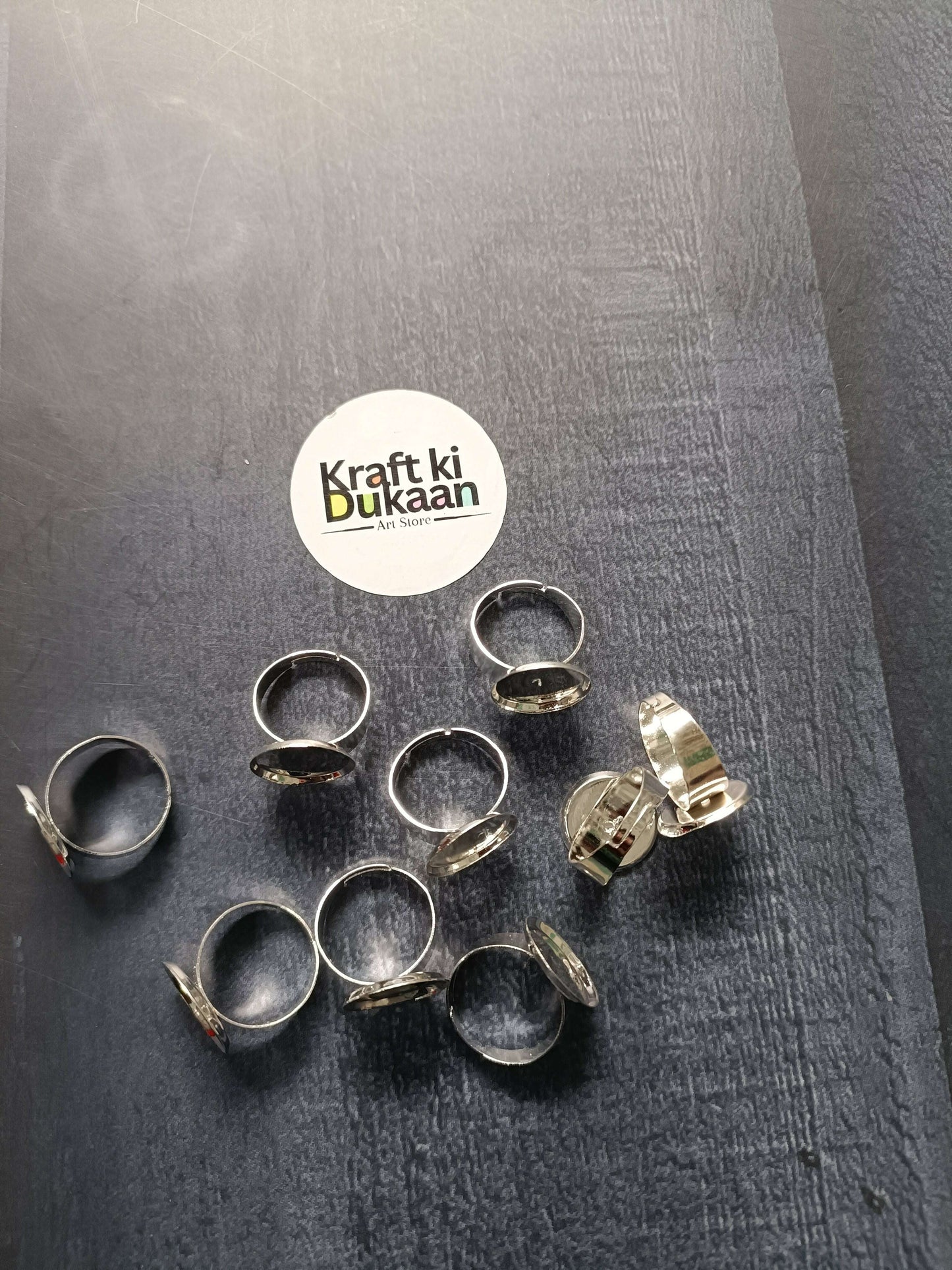Ring bases set of 5, silver-tone round bezels with open adjustable bands