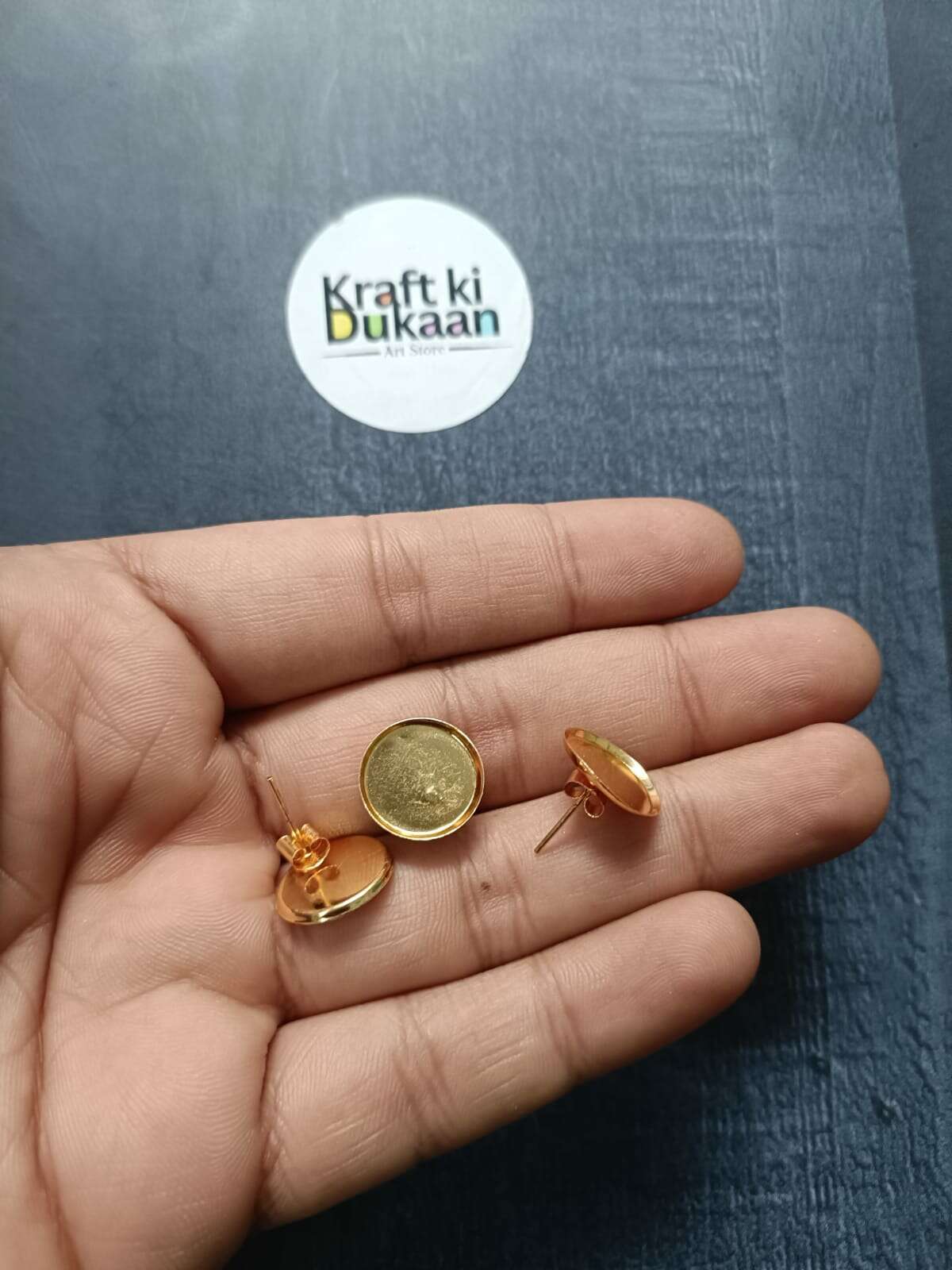Golden round and flower earring bases with back posts, gold-tone