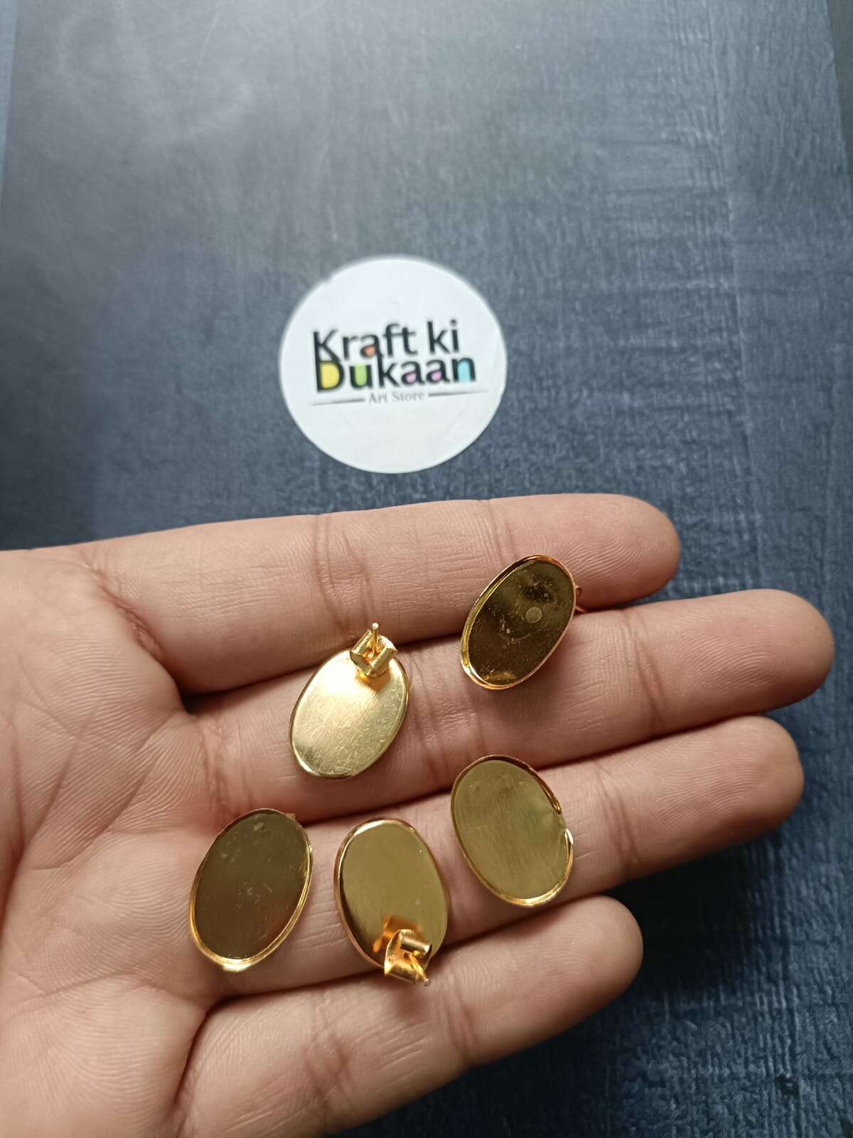 Golden oval earring base pair, gold-tone oval cup settings