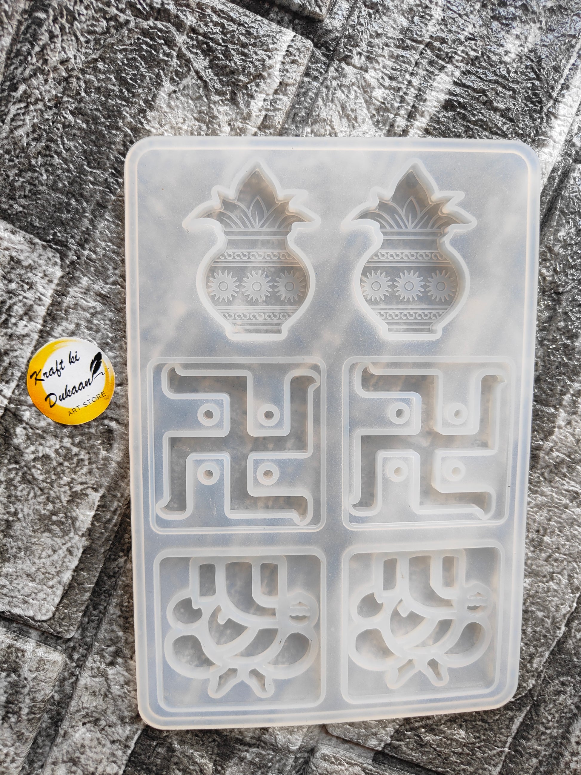 Kraft ki Dukaan clear silicone Hindu deity resin molds with kalash pots and swastika design for crafting