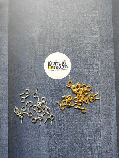Eye screw hooks with looped eye, gold and silver finish (large pack of 50)