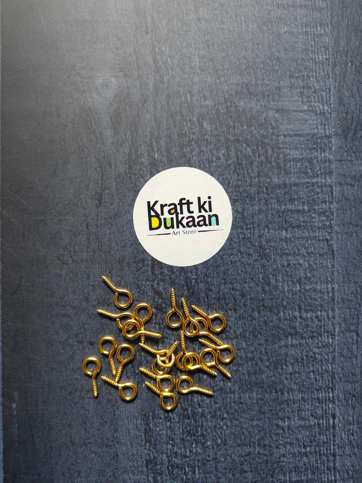 Eye screw hooks with looped eye, gold finish