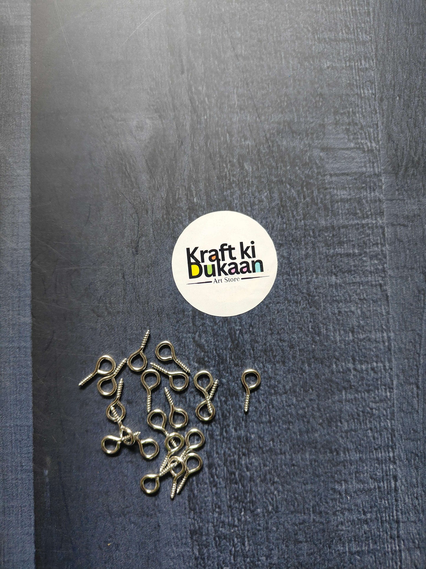 Eye screw hooks with looped eye, silver/dark metal finish