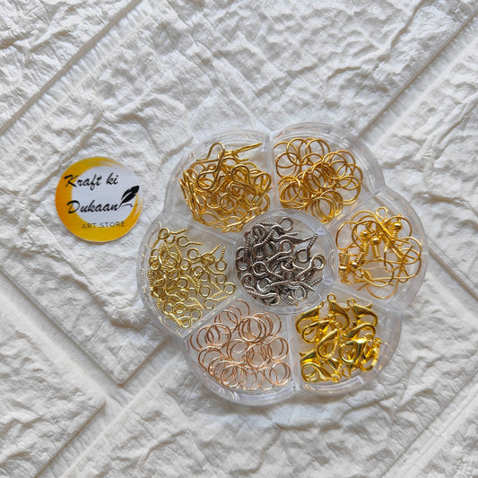 Kraft ki Dukaan hook set in a round organizer with various gold and silver hooks for crafting projects