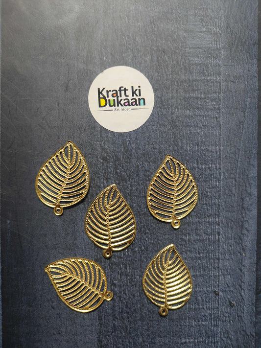 Metal leaf embellishments, gold tone, 5 leaf shapes with veins and loop at base (A15)
