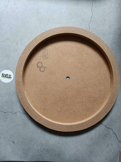 Round MDF wall mural with center disk, hanging hole, and faint embossed mark, kraft brown