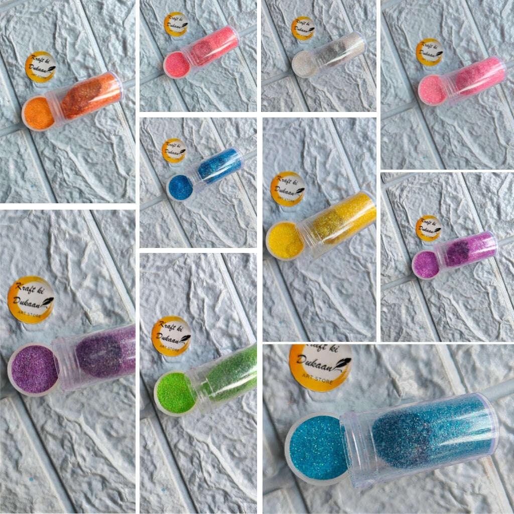Neon glitter tubes and small round glitter jars, various bright colors