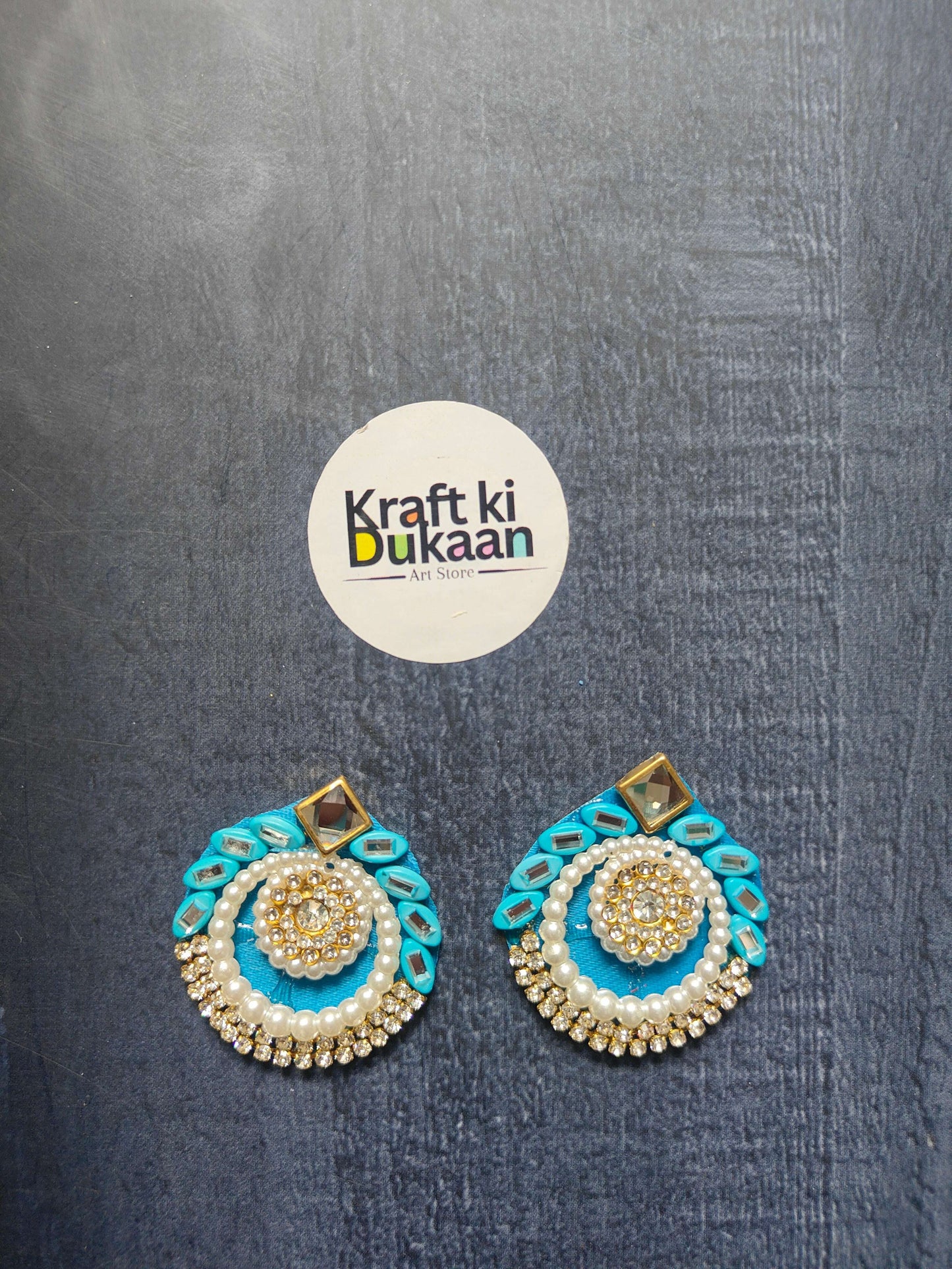 Blue decorative pearl rhinestone patches (pair) with gold trim and central crystal