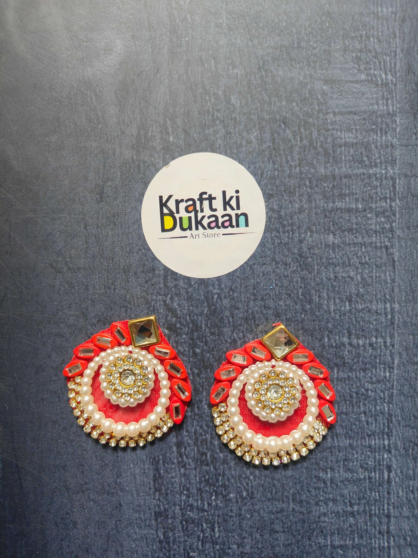 Red decorative pearl rhinestone patch pair with gold beaded border and central motif