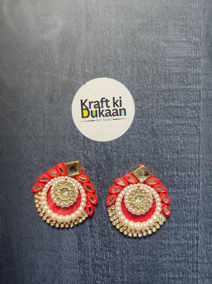 Red decorative pearl rhinestone patch pair with gold beaded border and central motif