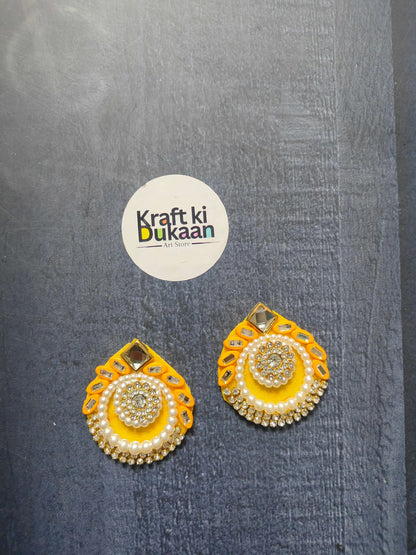 Yellow decorative pearl rhinestone patches (pair) with gold trim and round crystal center