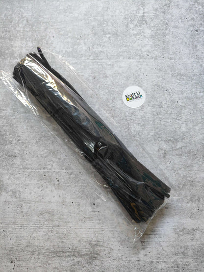 Black plain pipe cleaners, pack of 100, bundled in clear plastic wrap