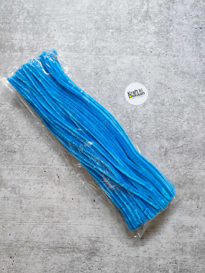 Blue plain pipe cleaners, pack of 100, bundled in clear plastic wrap