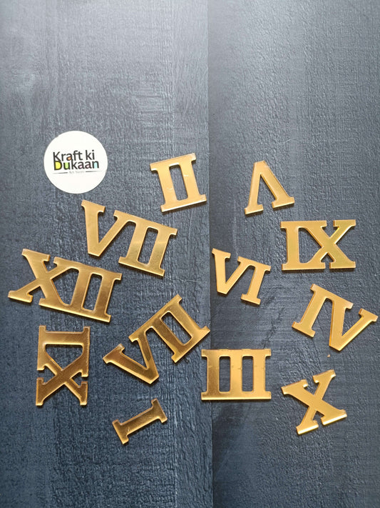 Acrylic gold Roman numeral clock numbers in mixed shapes, showing II, IV, VI, X