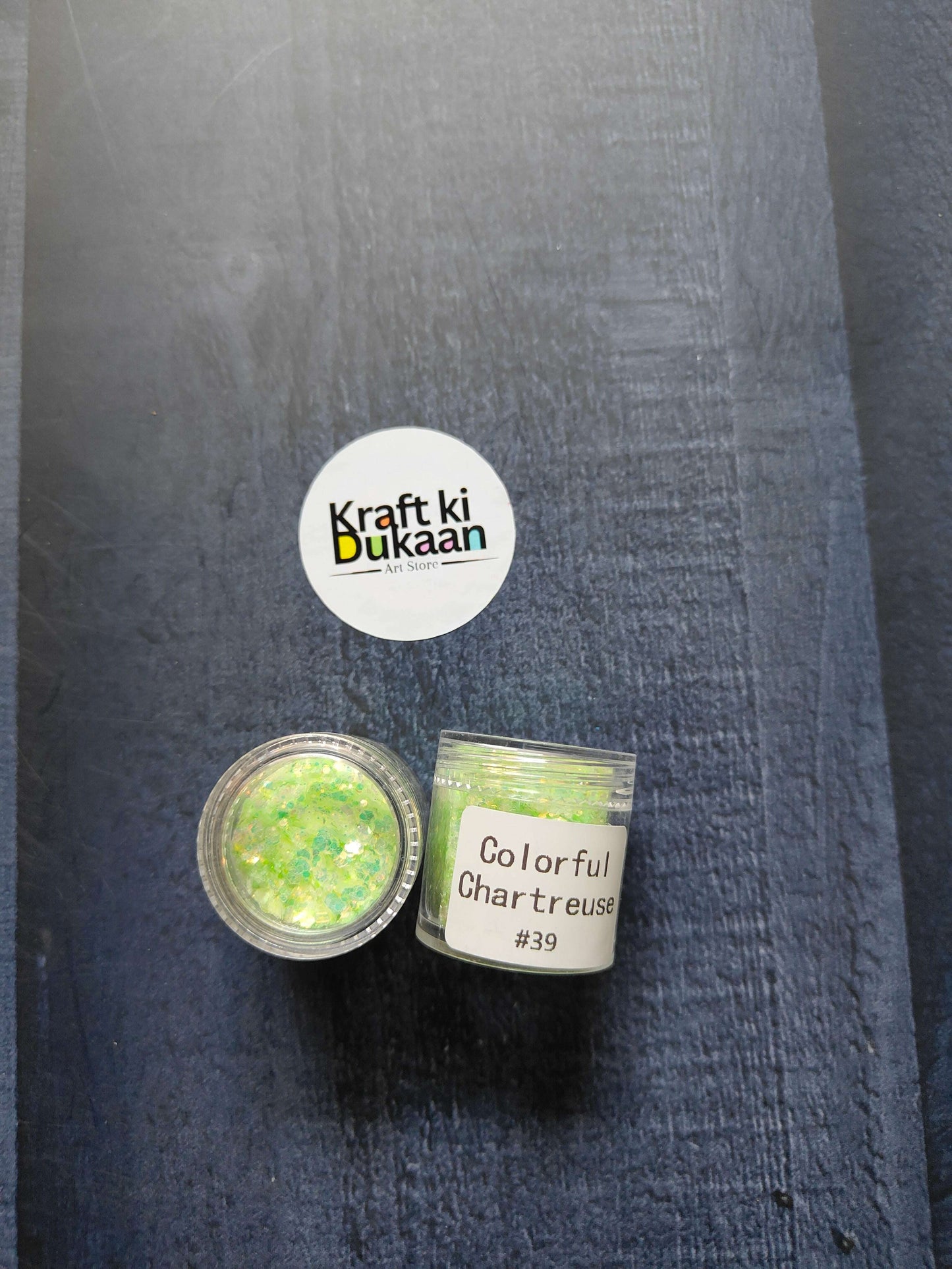 Shimmer glitter in Chartreuse, jar with label #39 visible