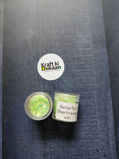 Shimmer glitter in Chartreuse, jar with label #39 visible