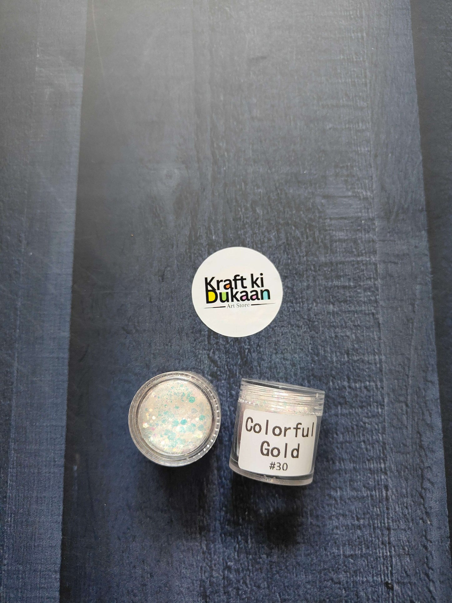 Shimmer glitter in Colorful Gold, jar with label #30 visible