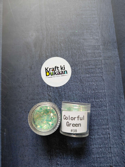 Shimmer glitter in Colorful Green, jar with label #38 visible
