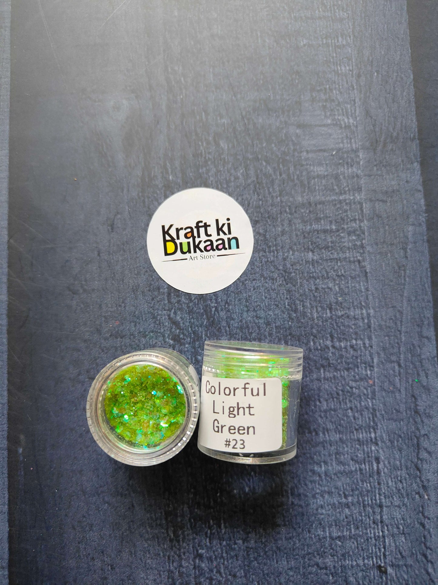 Shimmer glitter in Light Green, jar with label #23 visible
