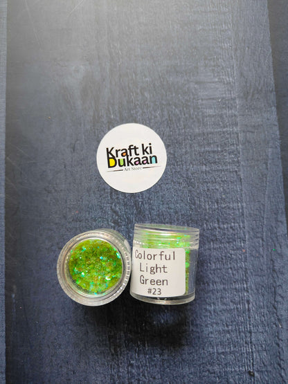 Shimmer glitter in Light Green, jar with label #23 visible