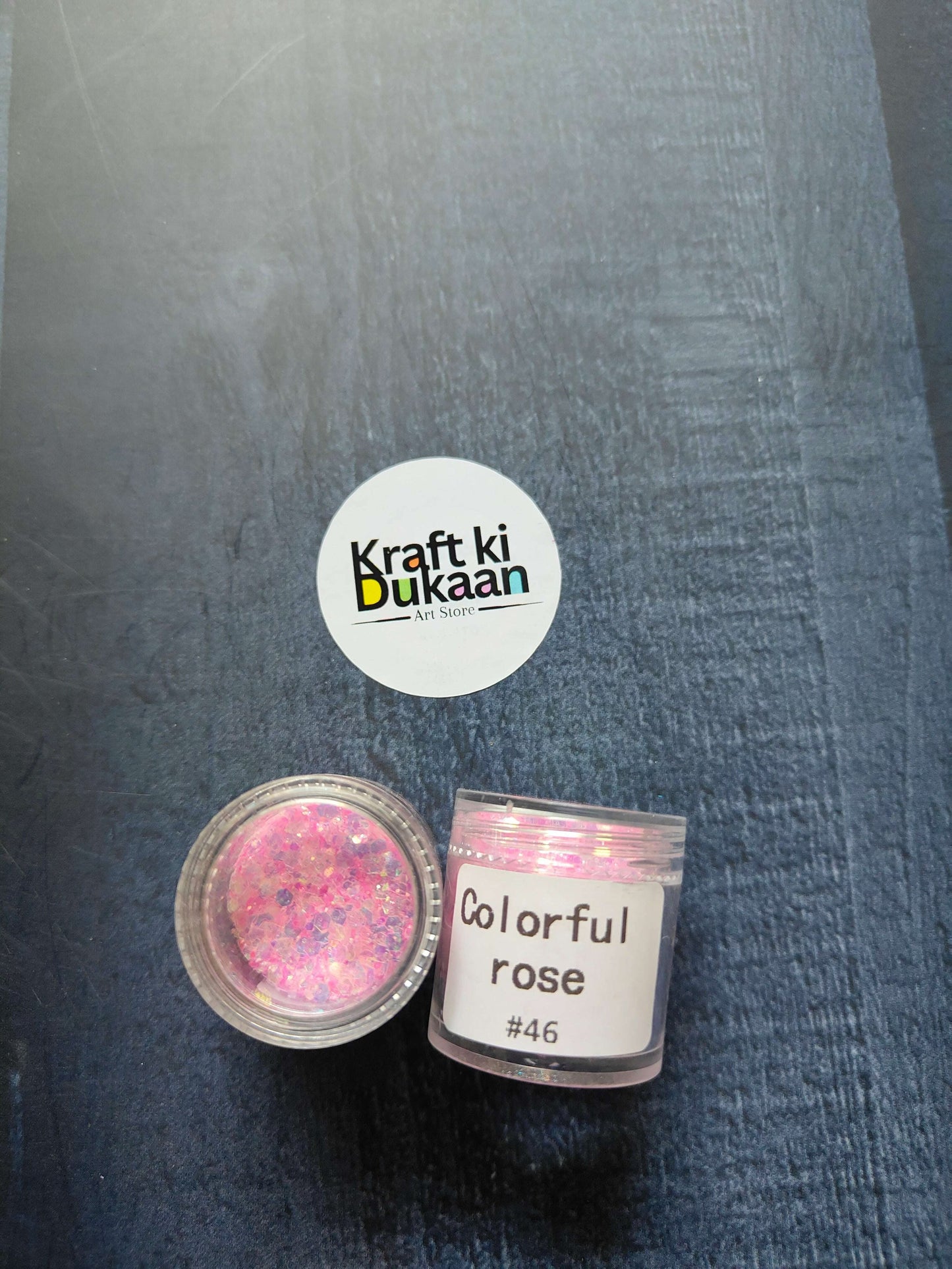 Shimmer glitter in Colorful rose, jar with label #46 visible