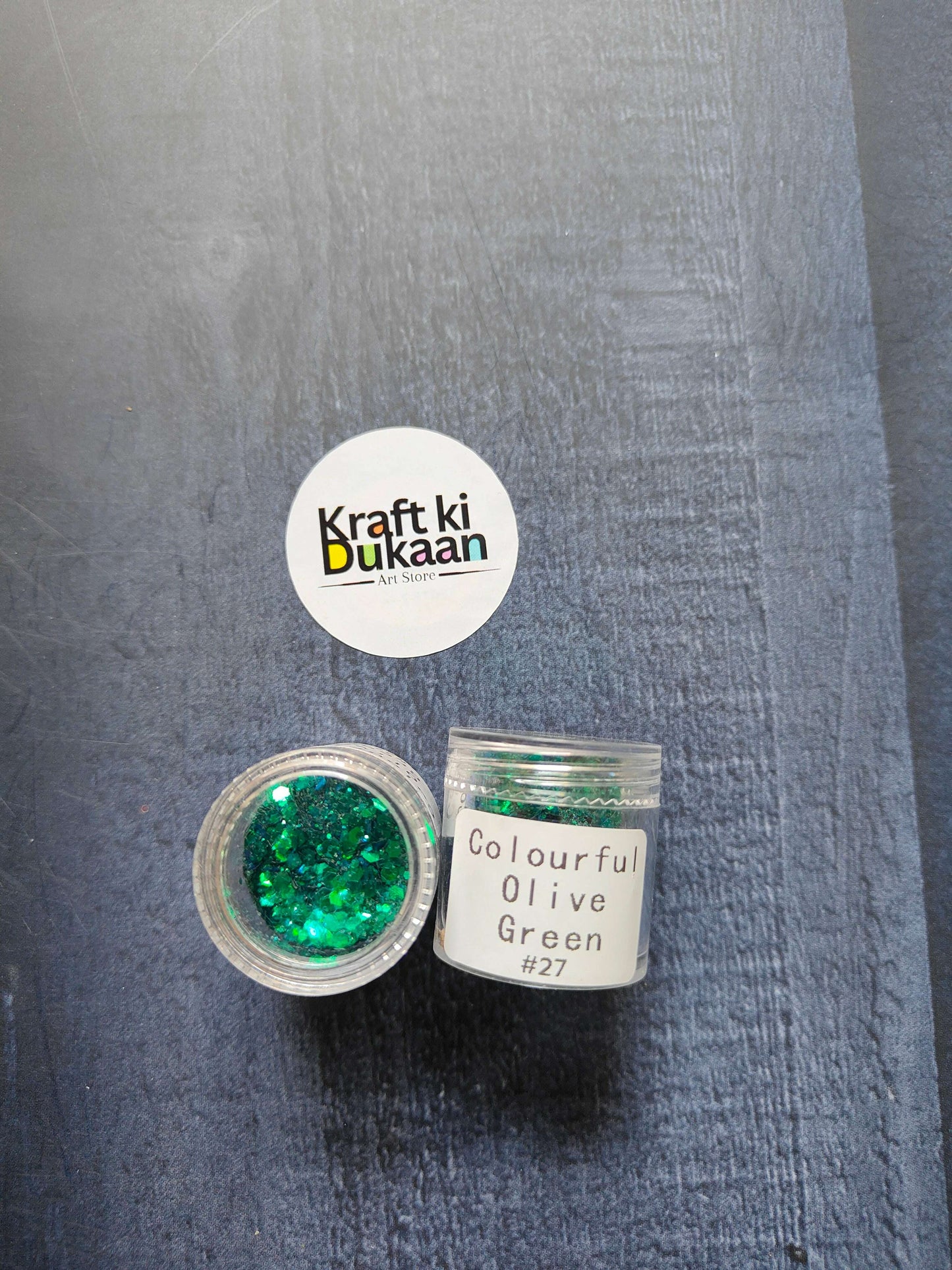 Shimmer Glitter - Colorful Olive Green (#27) open jar and sealed container