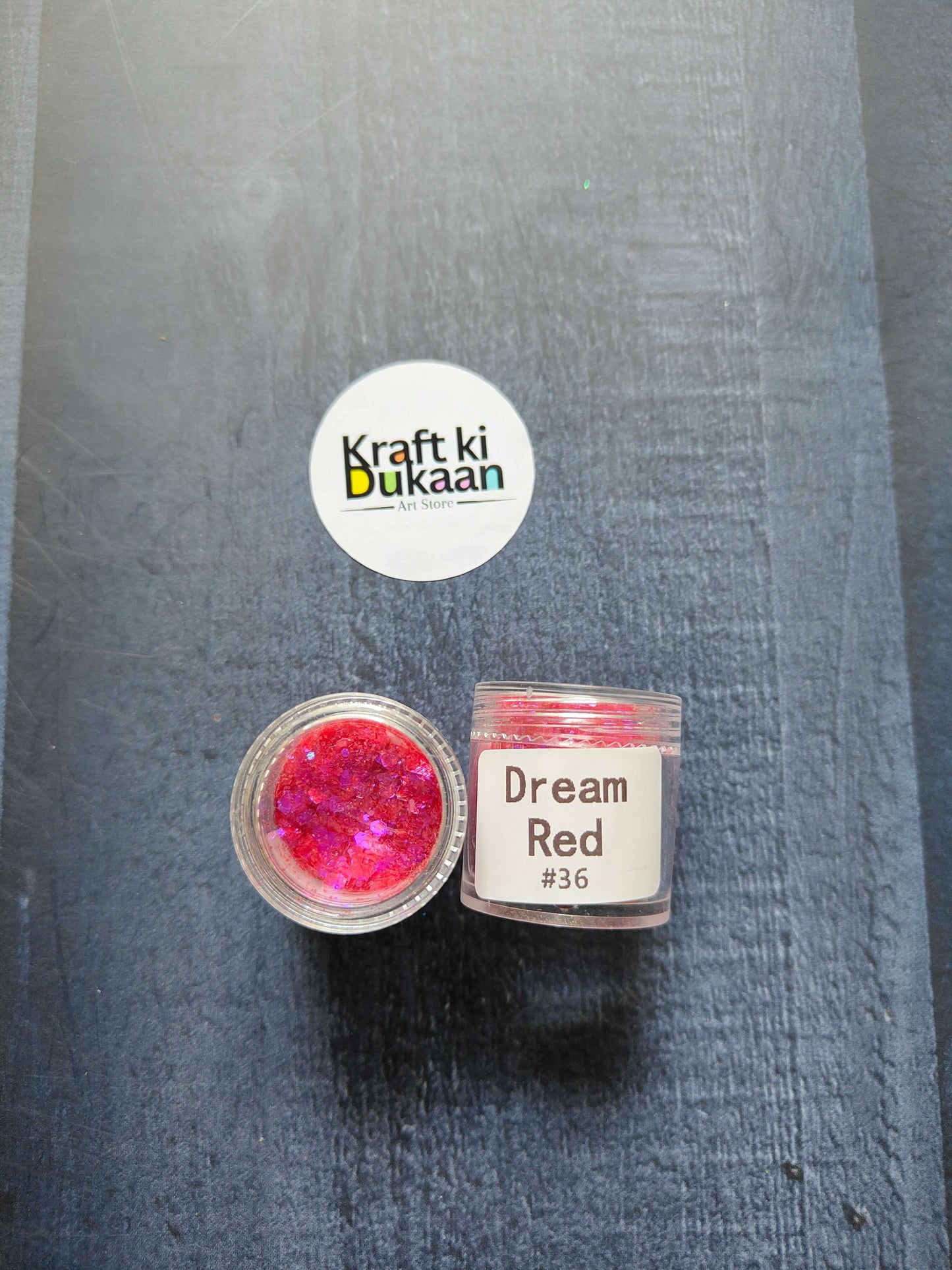 Shimmer Glitter - Dream Red (#36) open round jar and sealed container